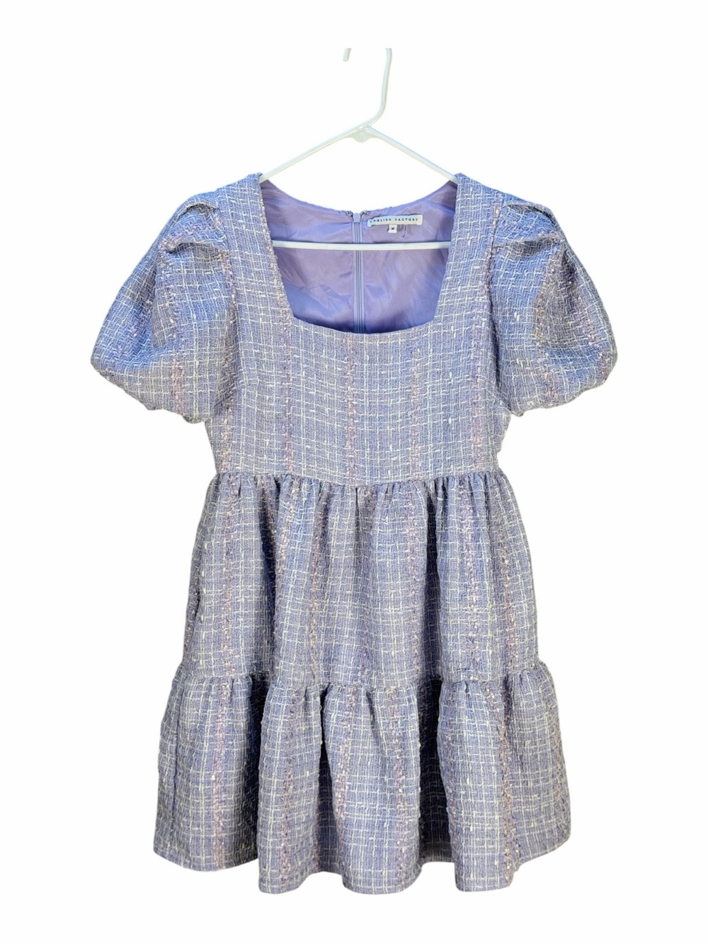 English Factory Lavender Tweed Dress with Puff Sleeves